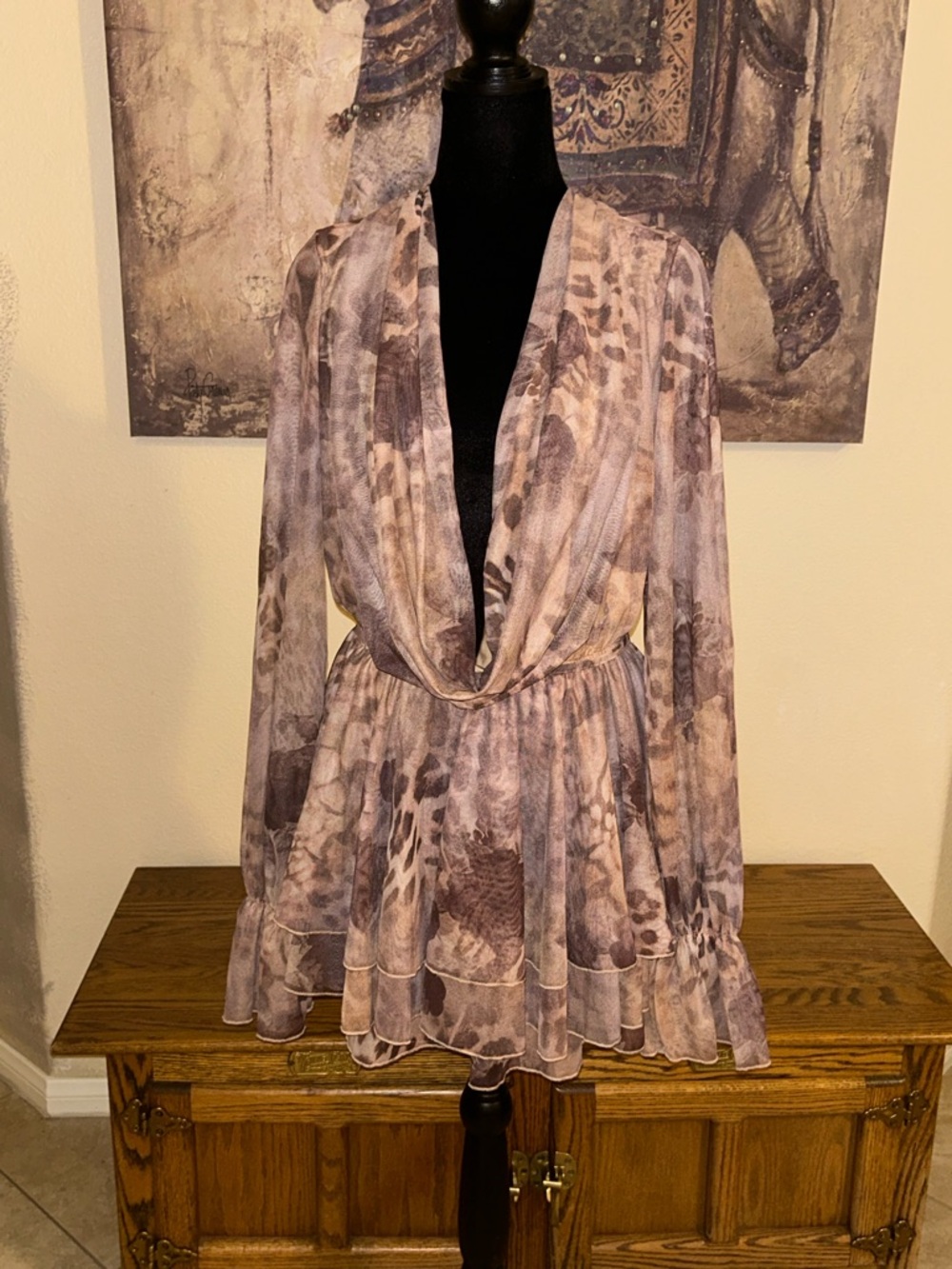 Animal Print Ruffle Tiered MiniDress Large  Deep V Plunge Chiffon NWOT